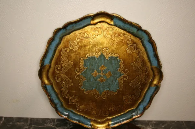 plateau florentin en bois or et bleu 36 cm de diamètre