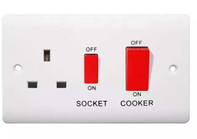 White Cooker Socket Switch 45A With Switched 13A Socket Inserts Plastic