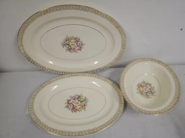 Edwin M Knowles Semi Vitreous Platters (2) Serving Bowl  USA Floral Gold Design