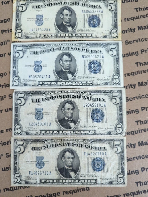1934-A, B, C, D $5 Dollar Blue Seal Silver Certificates lot of 4. *Ships FREE!