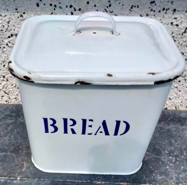 Vintage retro blue and white enamel bread bin with 2 handles and lid