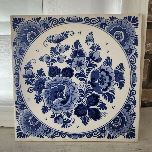 Vintage Delft Blue Hand Painted Porcelain  Tile Floral Holland Wall/Trivt Dutch
