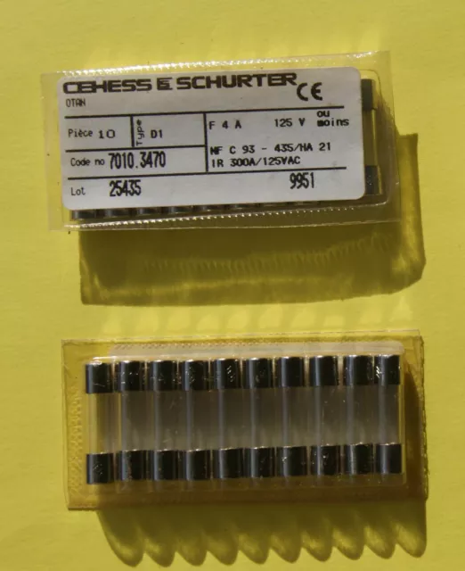 10 Fusibles à cartouche D1 4A 125V 5X20 Quick Acting schurter 7010.3470