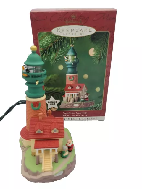 2001 Hallmark Lighthouse Greetings #5 Christmas Ornament with Flashing Light