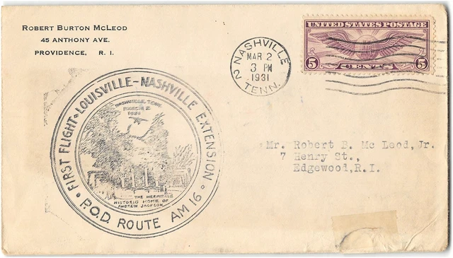 FFC First Flight Air Mail Mar 2 1931 16N10 Route AM16 Louisville Nashville TN