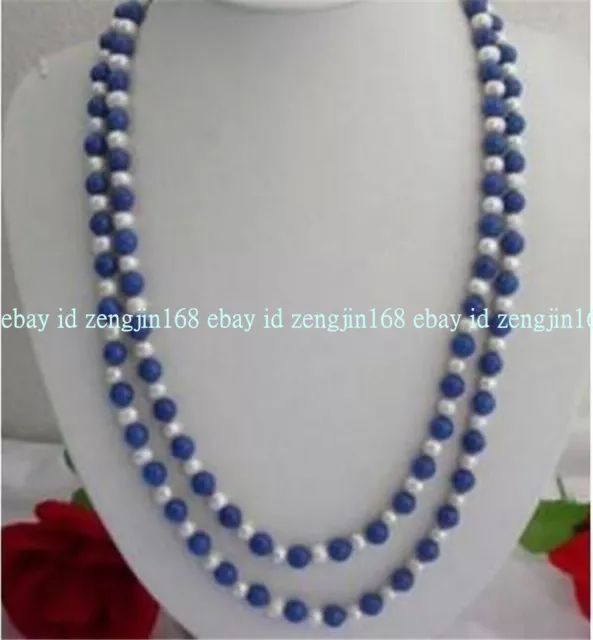 Natural 8mm Egyptian Blue Lapis Lazuli & Real White Pearl Necklace 30" Strand