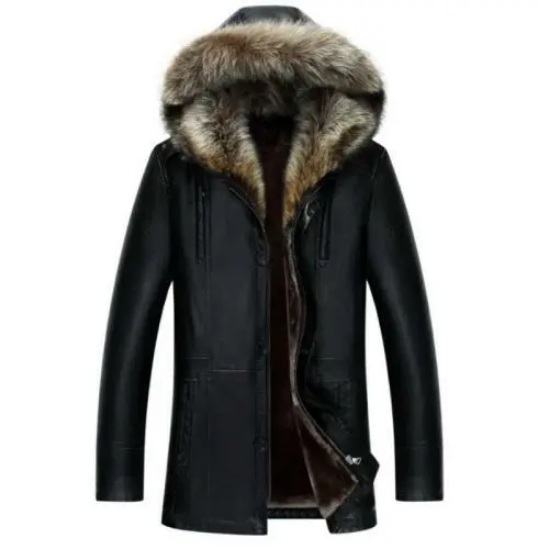 Mens Winter Warm Fur Lined Hooded Jacket Casual Windproof Leather Parkas Coats