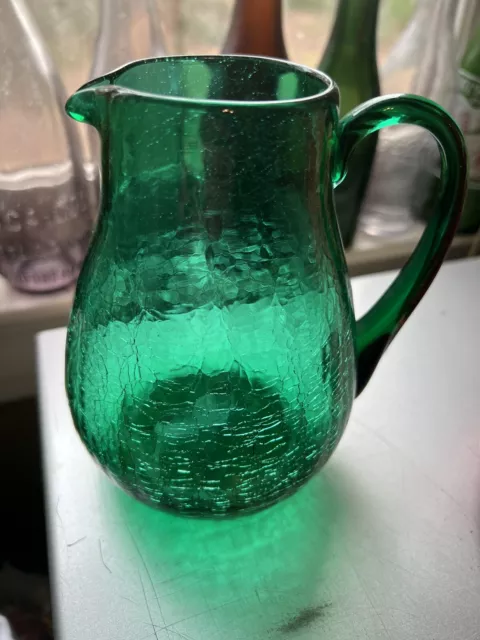 Vintage Hand Blown Small Crackle Glass Pitcher Applied Handle Teal Green 5" high