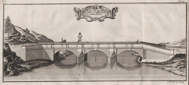 Nossen Freiberger Mulde Sassonia Ponte Vista Incisione Engraving 1735