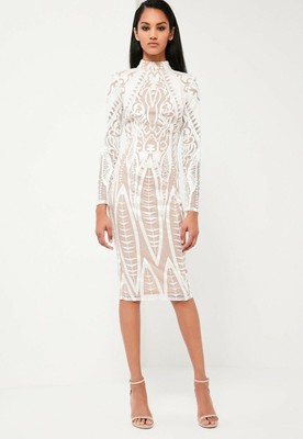 Peace and Love Placed Lace High Neck Midi Dress White/Nude Size 4 (C45)