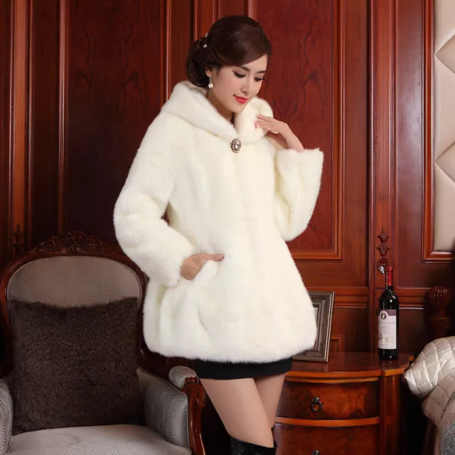 Womens Real Mink Fur Coat Outwear Mid-length Lapel Jacket Winter Hooded Warm New