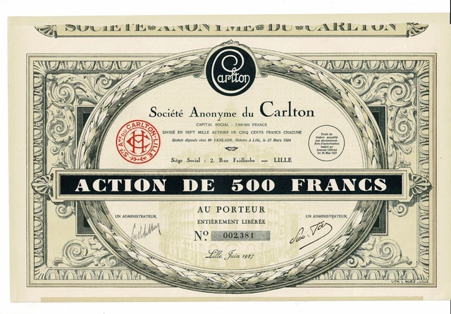 S.A. du Carlton ( Hotel ) - Lille 1927 - Action de 500 francs