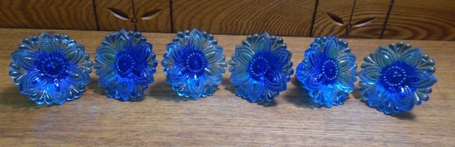 6 Old Blue Pressed Sandwich Glass Curtain Tiebacks - 2 3/4"