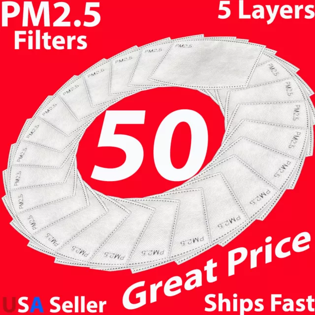 PM2.5 Mask Filter 50 Pack For Face Masks Adult Carbon Activated 5 Layers