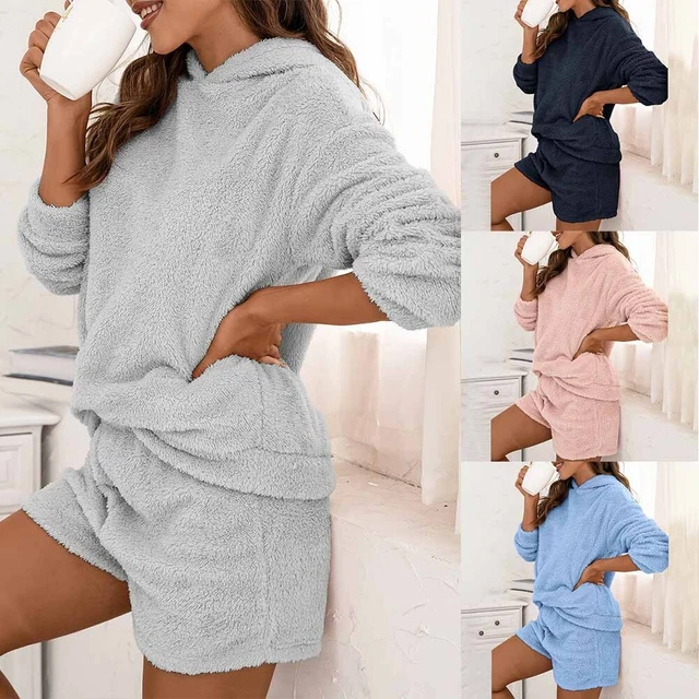 Nuovo Pigiama Set con Cappuccio Donna Termico Pigiama 1 Felpe + 1 Pantaloncini