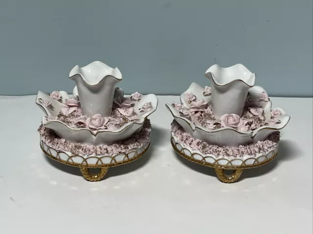 Antique Set of 2 Porcelain Footed Candlestick Holders w/Pink Roses & Gold Trim