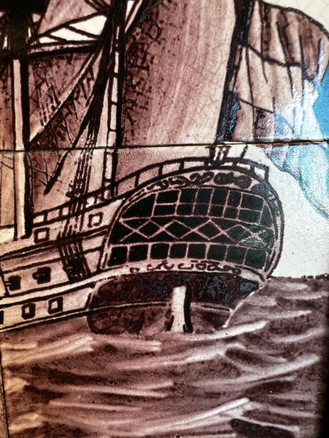 Old Vintage Nautical Art Pottery Tiles Sailing Ship Hand Painted Majolica Faince 5