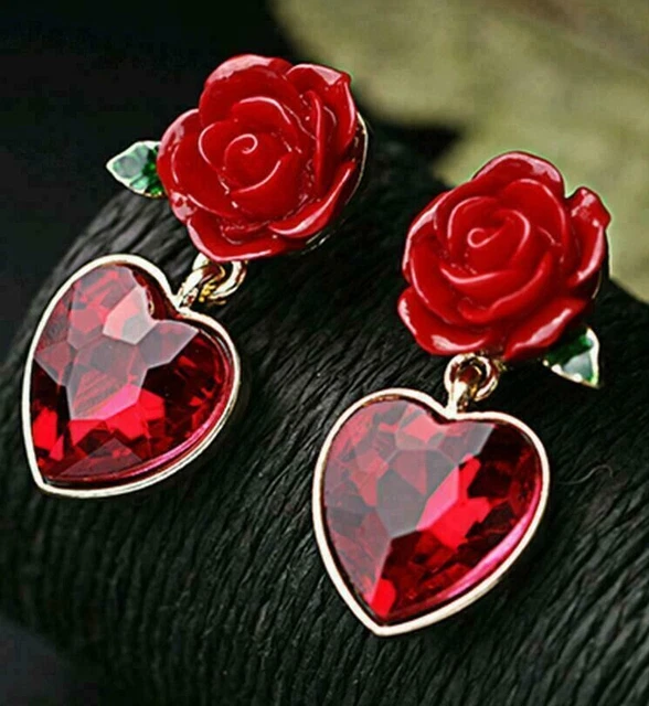 Betsey Johnson Gold Red Crystal Heart Burgundy Rose Flower Post Dangle Earrings
