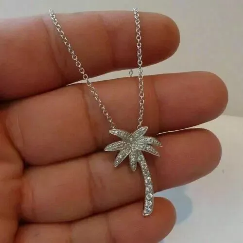 1Ct Round Cut Simulated Diamond Palm Tree Pendant Necklace 14K White Gold Plated