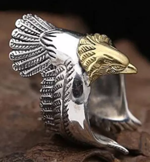 Eagle Gold Silver Ring Adjustable Flying Bird of Prey American Old Fang Retro UK 3