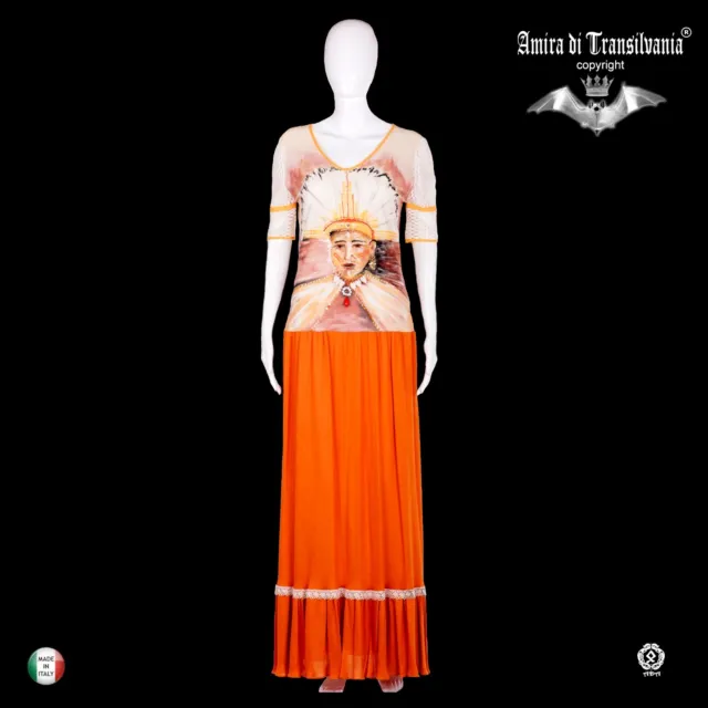 abito donna estivo griff alta moda sfilata arancione etnico indiano tribu penna
