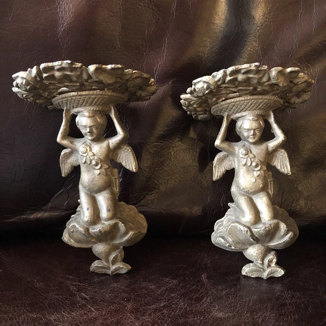 Antique French Cast Iron Cherub Cupid Angel Wall Brackets