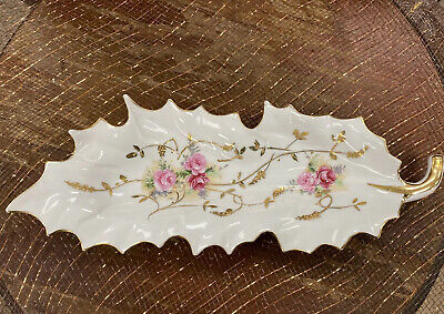Antique Meissen Porcelain 10 1/2" Long Leaf Shaped Dish Gold Gilt Rose Pattern
