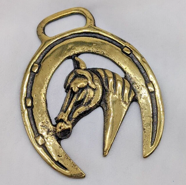 Brass Horse Medallion Vintage English Steed Horseshoe Good Luck Head Show Parade