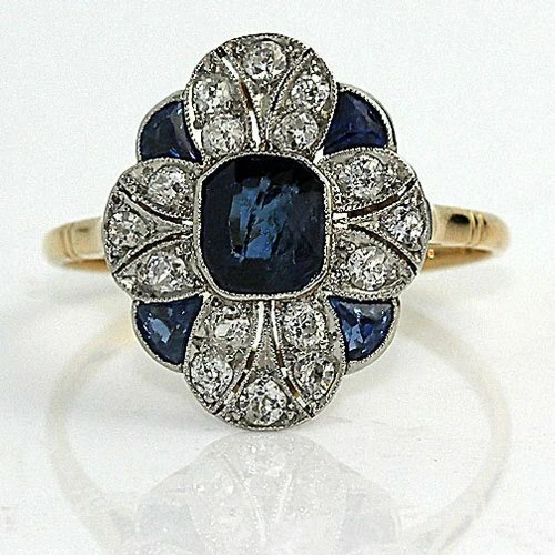 Sapphire & Diamond Simulated Vintage Art Deco Engagement Ring 14K Yellow Gold FN