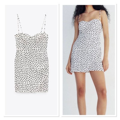BNWT White & Black ZARA Textured Polka Dot Spot Sweetheart Dress M 10