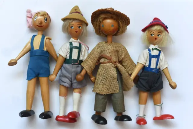 Lot of 4 Vintage Wooden Polish Poland Peg Dolls--Pinocchio  (J-2)