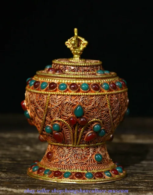 4.4 " Old Tibet Biddhism Temple Silver Wire Gilt inlay Gem Crock Pot Jar