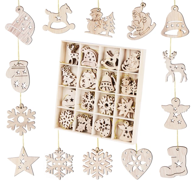 16 Designs 4cm Natale Ornamenti Appesi in Legno - Tavola Legno Vintage