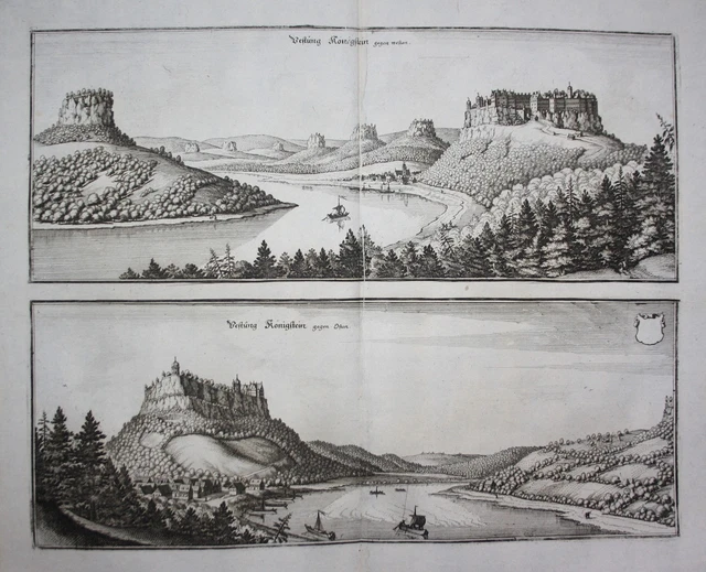 Fortezza Königstein Elbe Erzgebirge Sassonia Engraving Incisione Merian 1650