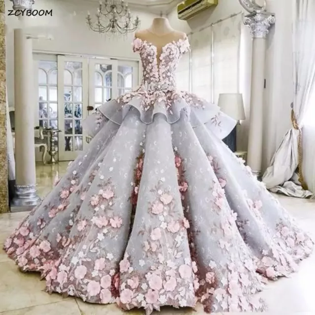 Gorgeous Pink Ball Gown Off Shoulder Appliques 3D-Floral Tulle Quinceanera Dress