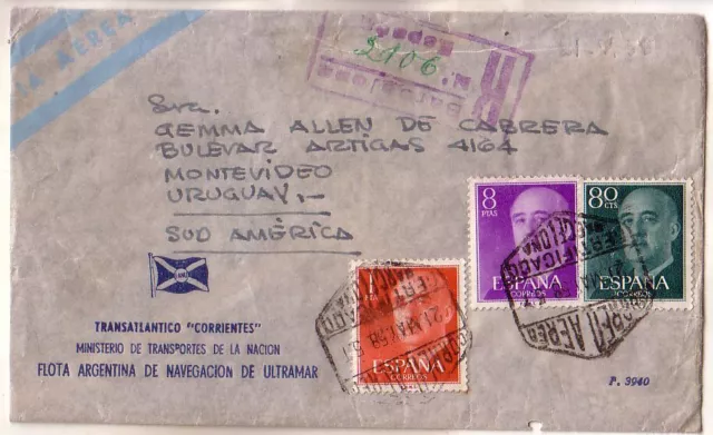 Spain - 1958 Registered airmail cover to Uruguay