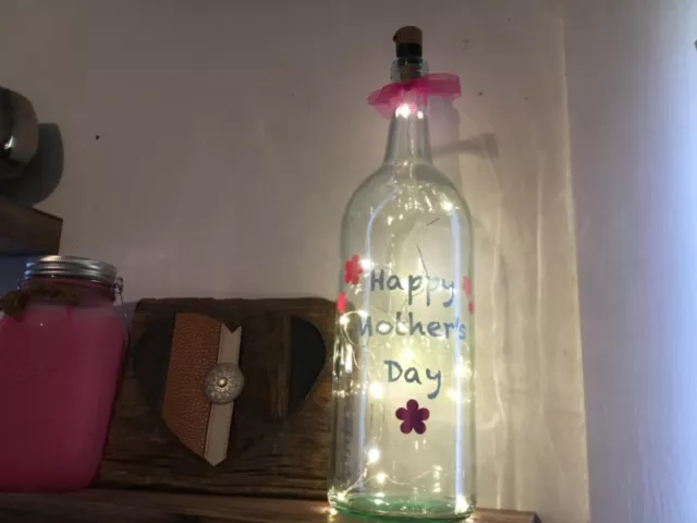 lighted wine bottle With ‘Happy Mother’s Day’ logo & metallic floral accents