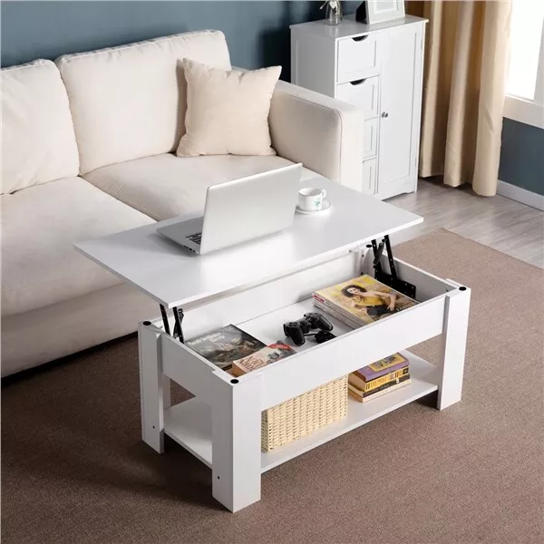 Mesa de Centro Elevable con Revistero Mesa Cafe para Salón Sala de estar Blanco