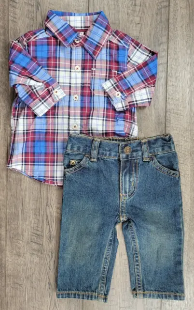 Baby Boy Clothes Nwot Carter's 3 Month 2pc Blue Jean Plaid Shirt Outfit