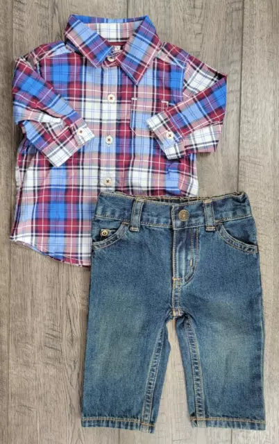 Baby Boy Clothes Nwot Carter's 3 Month 2pc Blue Jean Plaid Shirt Outfit