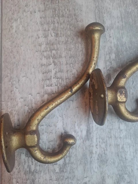 2 Vintage Antique Double Coat Hat Hooks Gold Tone Iron 5.5" Heavy 7