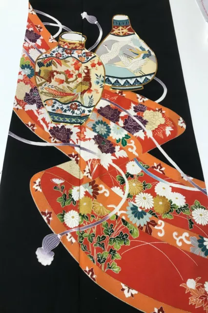 @@Japanese vintage kimono/ tomesode black silk fabric/ flower vase A26