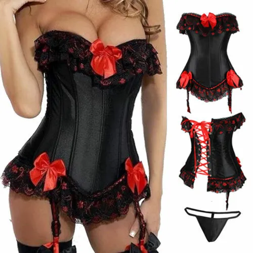 Womens Sexy Overbust Boned Corset Burlesque Basque Top Lace-Up Costume Lingerie