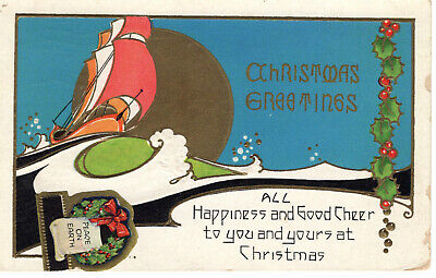 Postcard Vintage Christmas Art Deco Boat Wreath Holly Embossed c1929 G1