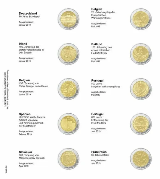 Lindner 1118-26 Vordruckblatt für 2 Euro-Gedenkmünzen: Deutschland 2019 bis Fran