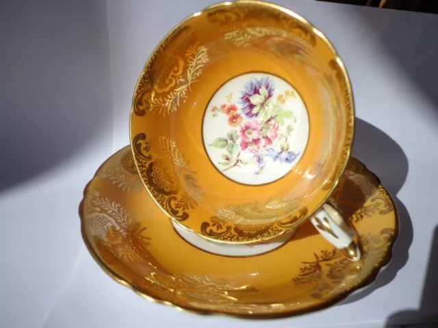 Paragon Cup & Saucer Beautiful Goldenrod Color With Floral Bouquet Excellent !!!