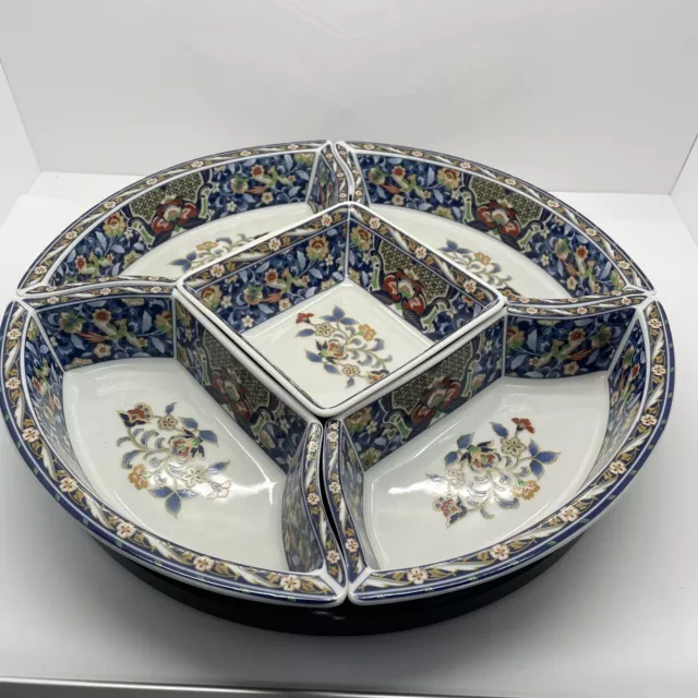 Japanese Serving Bowls On A Lazy Susan Tray White Base Blue Accents 13” W