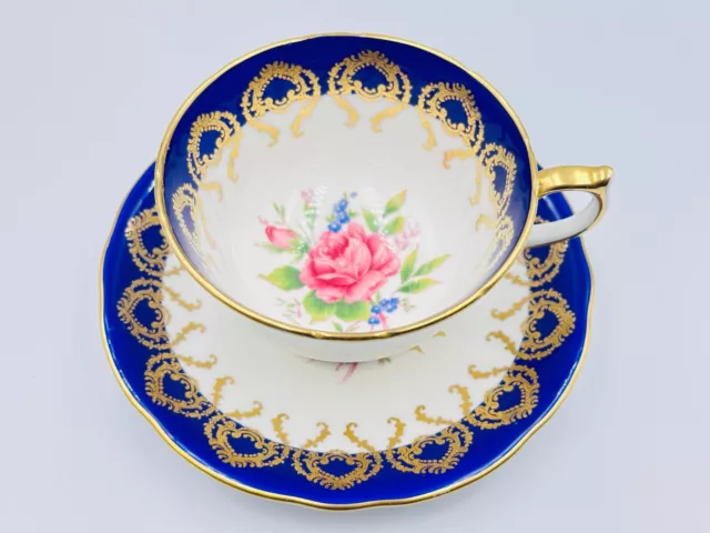 Vintage Aynsley Floaring Rose Cobalt Blue Gilt Band Bone China Tea Cup & Saucer