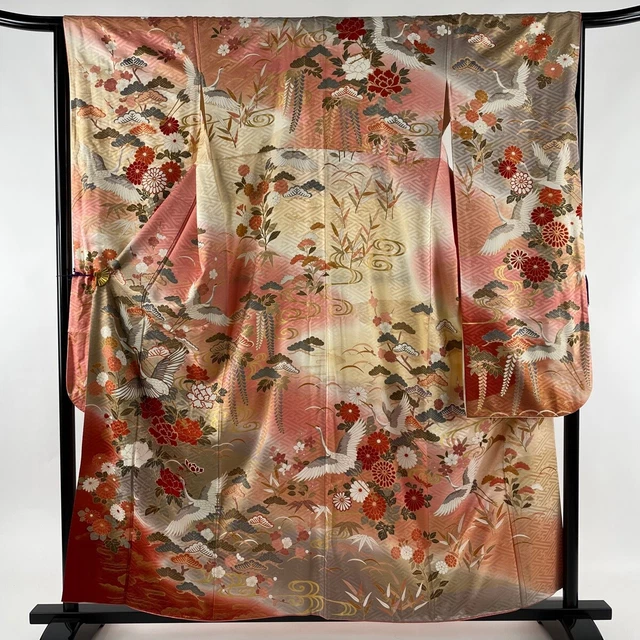 Japanese Silk Kimono Robe Vintage Furisode Pink Gold Classical Pattern Dyed