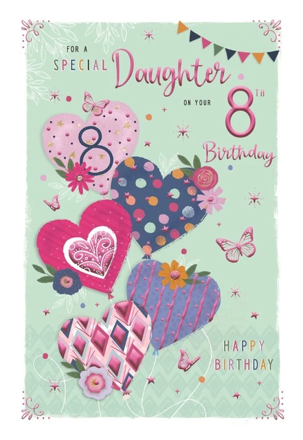 TOCHTER 8. GEBURTSTAG Karte Alter 8 Herz Ballons Design Happy Love Vers